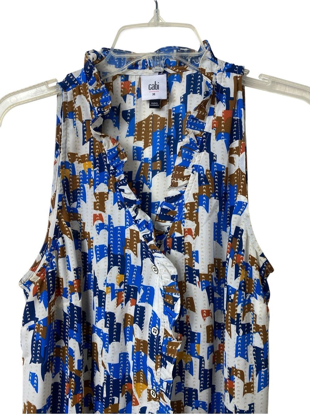 CAbi Blue & Brown Abstract Ruffle-Trim Button Tank - Picture 3 of 4